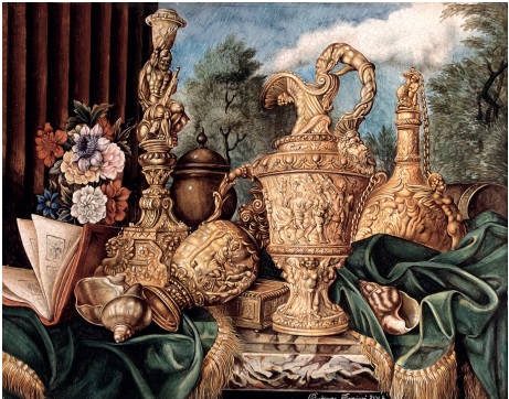 Natura morta con vasi, candelabro, album e conchiglie da Clara Peeters (cm 48 x 38)