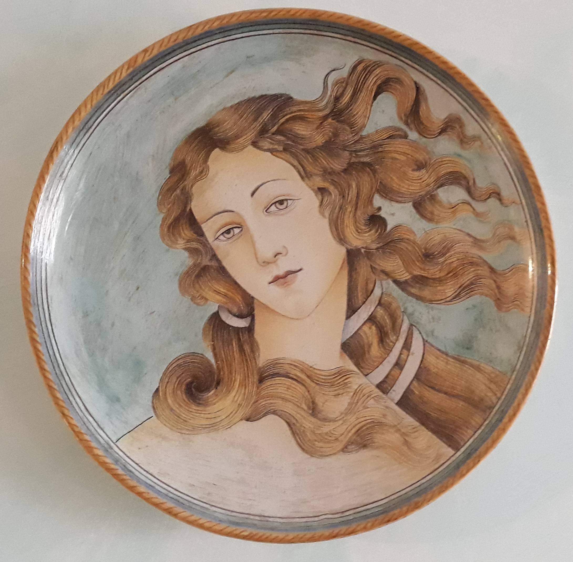 Desco con Venere di Botticelli (Perugia, collezione privata, Fernando Calzolari, maiolica dipinta, 1957)